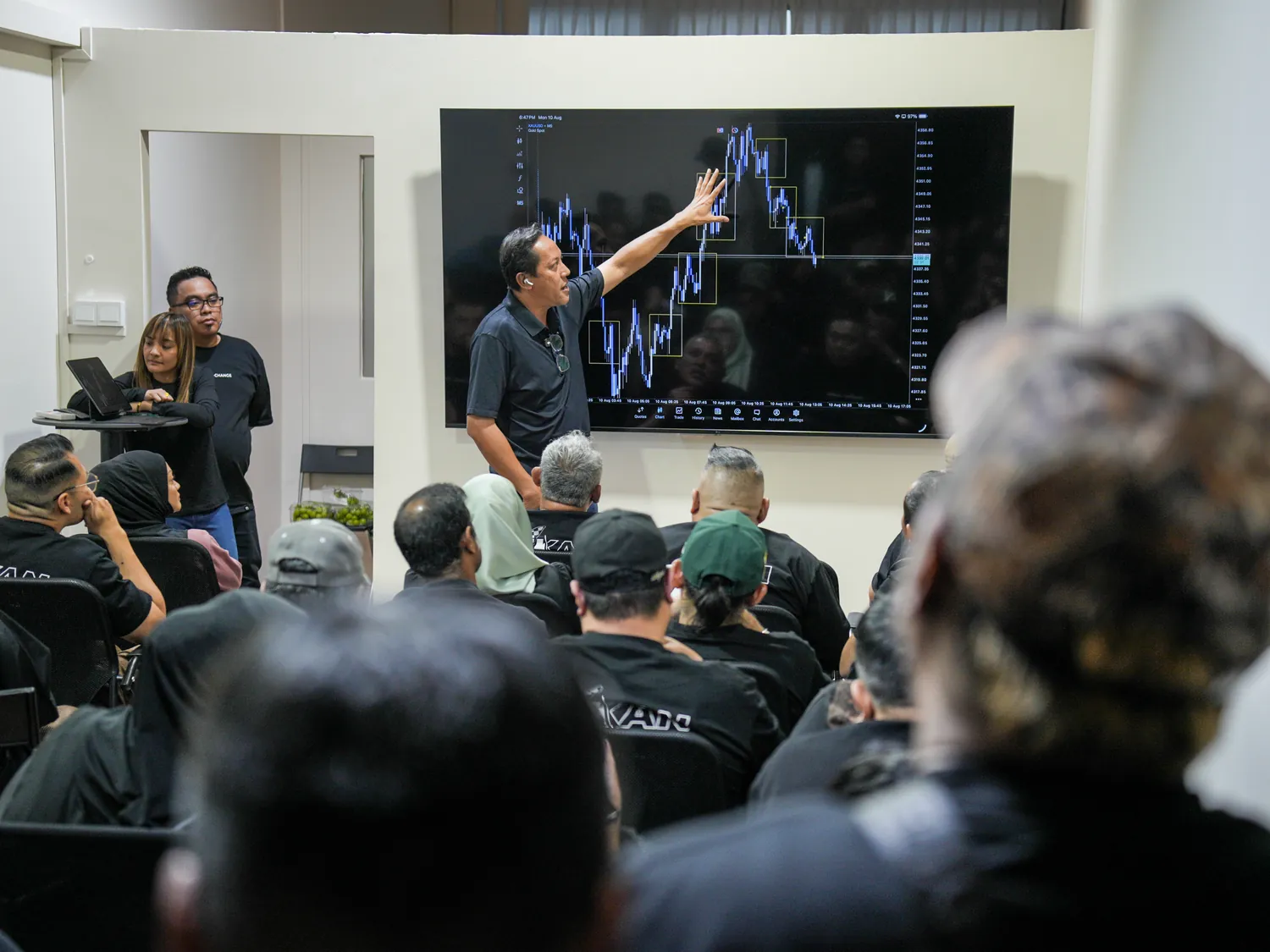 An HBX member reaching up to point at a price chart while the room watches