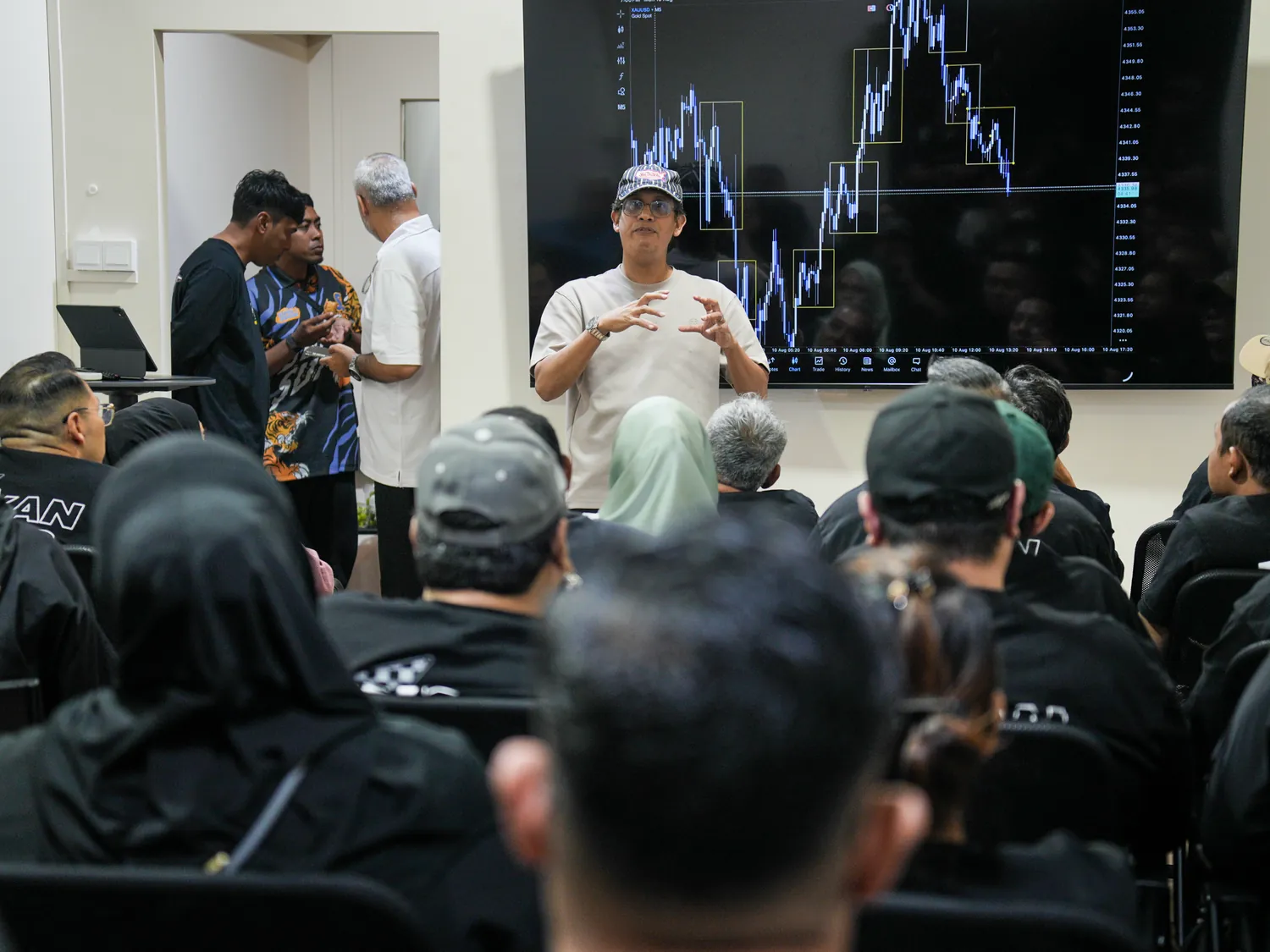 An HBX member standing in front of a chart, explaining his own trade to the room